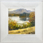lake district art original oil painting by local artist Jeff Sudders featuring Autumn Colour by Windermere. Autumn leaves sailboats on the water and fells in the distance.