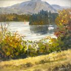 lake district art original oil painting by local artist Jeff Sudders featuring Autumn Colour by Windermere. Autumn leaves sailboats on the water and fells in the distance.
