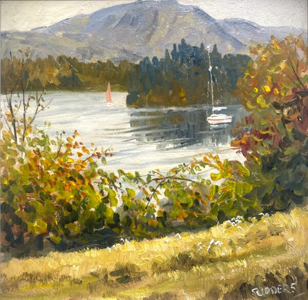 lake district art original oil painting by local artist Jeff Sudders featuring Autumn Colour by Windermere. Autumn leaves sailboats on the water and fells in the distance.