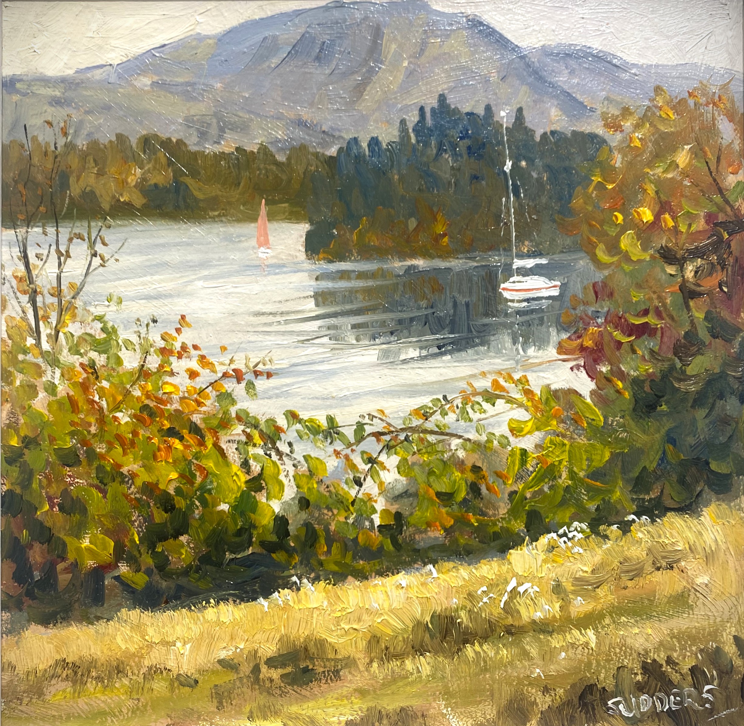 Autumn Colour by Windermere by Jeff Sudders product image lake district art original oil painting by local artist Jeff Sudders featuring Autumn Colour by Windermere. Autumn leaves sailboats on the water and fells in the distance.