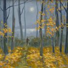 Original oil painting by Lake District artist Jeff Sudders. Featuring beautiful textured leaves in the foreground and a lake and mountains in distance