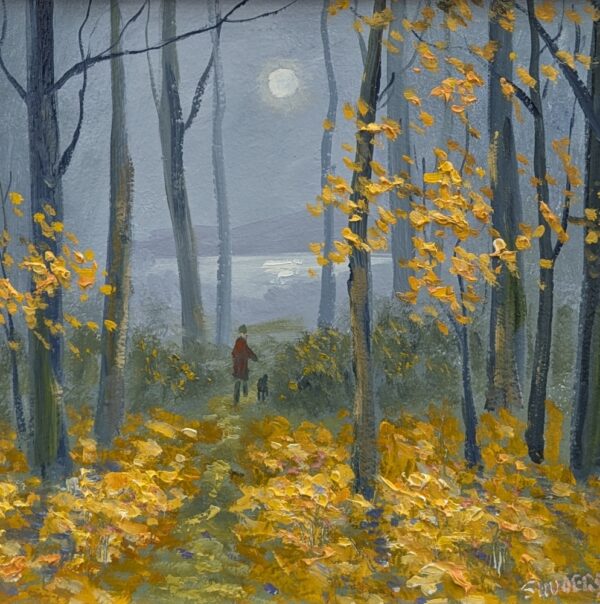 Original oil painting by Lake District artist Jeff Sudders. Featuring beautiful textured leaves in the foreground and a lake and mountains in distance