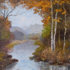 lake district art original oil painting autumn in langdale by jeff sudders of the pikes seen through birch trees above a flowing river.