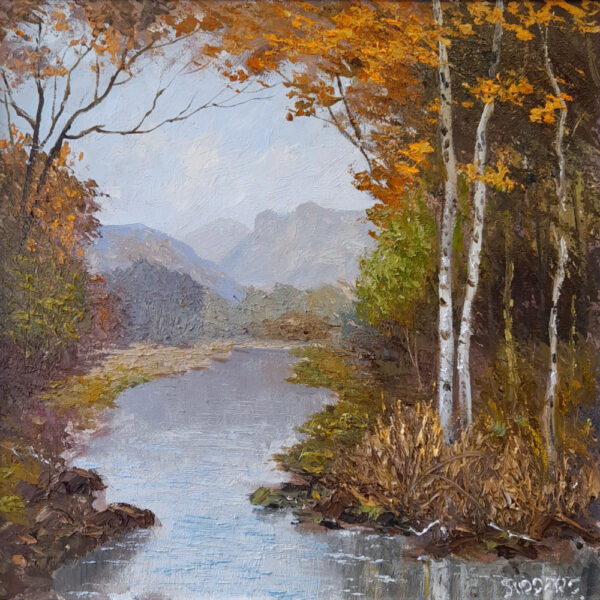 lake district art original oil painting autumn in langdale by jeff sudders of the pikes seen through birch trees above a flowing river.