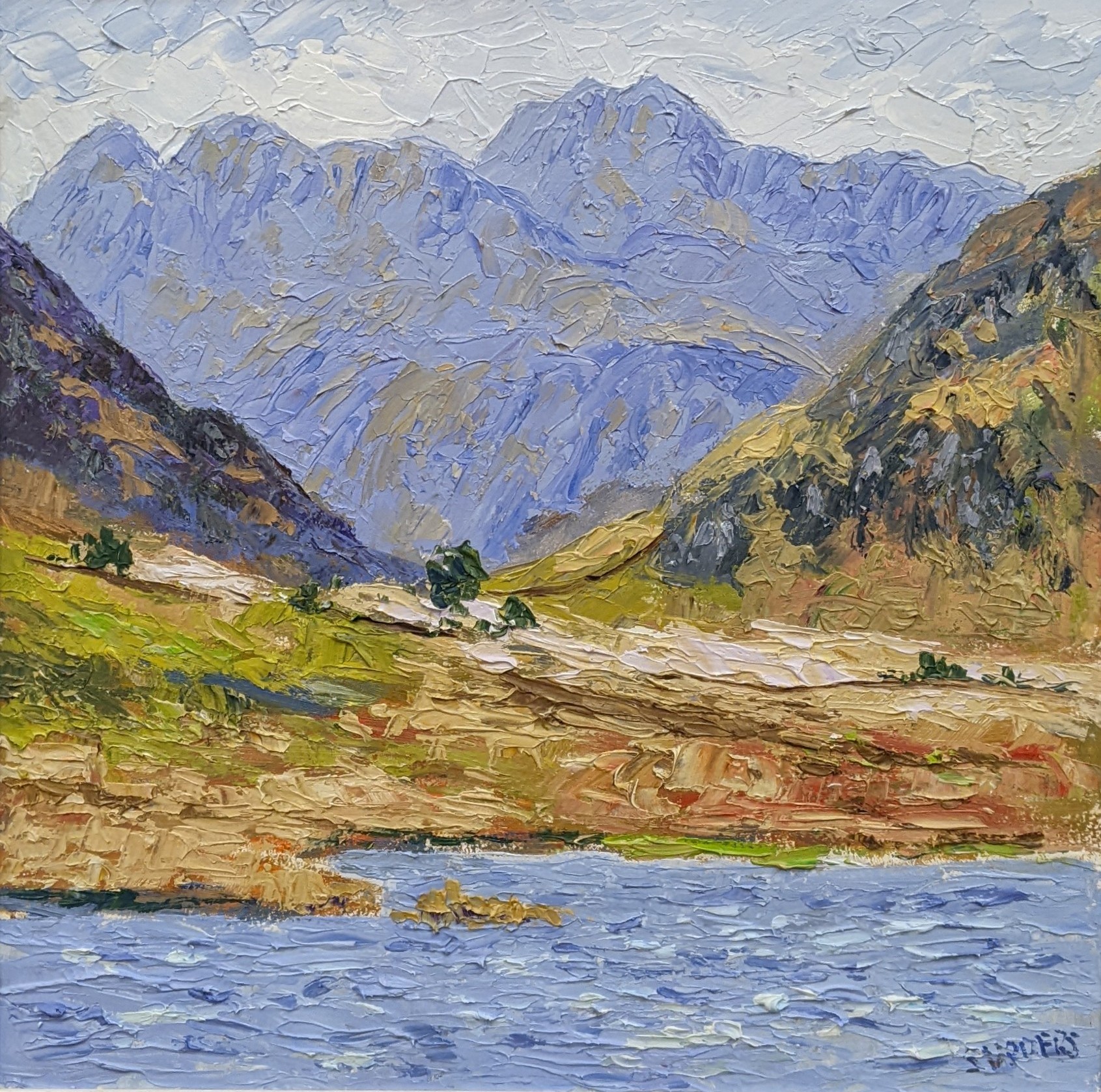 Blea Tarn by Jeff Sudders Mountain landscape with a lake in the foreground, rugged blue peaks, and a textured grassy valley.