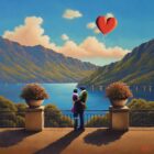 Lake District art original oil painting by David Renshaw. Blooms of Love featuring Ted and Doris embracing on a terrace with lakes and mountains beyond