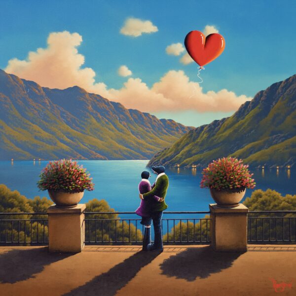 Lake District art original oil painting by David Renshaw. Blooms of Love featuring Ted and Doris embracing on a terrace with lakes and mountains beyond