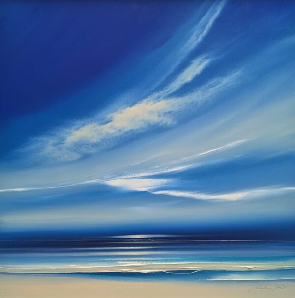 Lake District art original acrylic painting blue skies by Jonathan Shaw of a dramatic skyscape in rich blue over the sea.