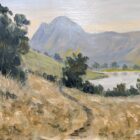 Landscape painting of Buttermere with mountains, trees and a winding lakeside path.