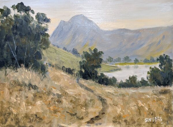 Landscape painting of Buttermere with mountains, trees and a winding lakeside path.