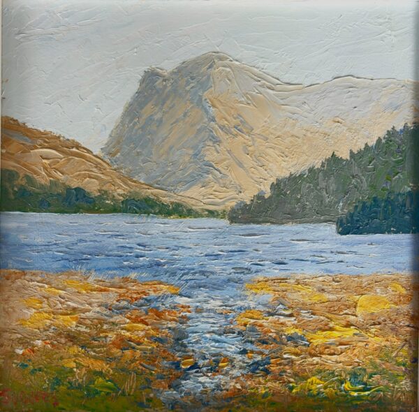 Lake District art original oil painting Buttermere by Jeff Sudders in a white wood frame.
