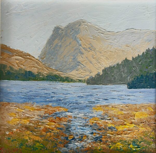 Lake District art original oil painting Buttermere by Jeff Sudders in a white wood frame.
