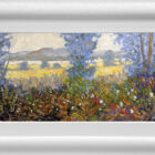 Lake District art original oil painting Colour at Waterhead by Jeff Sudders featuring colourful wild flowers and woodland. Golden fields with the lake and sailboats in the distance.