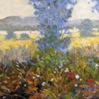 Lake District art original oil painting Colour at Waterhead by Jeff Sudders featuring colourful wild flowers and woodland. Golden fields with the lake and sailboats in the distance.