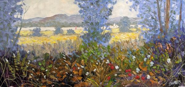 Lake District art original oil painting Colour at Waterhead by Jeff Sudders featuring colourful wild flowers and woodland. Golden fields with the lake and sailboats in the distance.