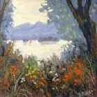Original oil painting by Lake District artist Jeff Sudders. a corner of Derwentwater shoreline path to lake and fells