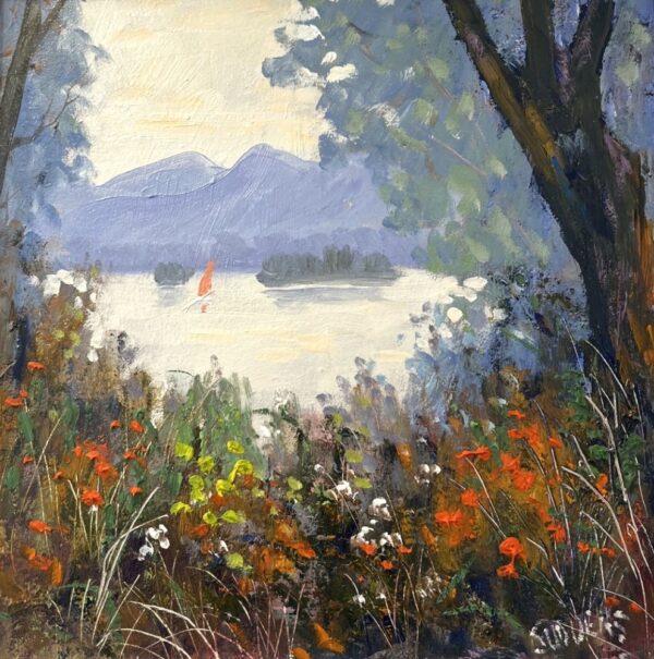 Original oil painting by Lake District artist Jeff Sudders. a corner of Derwentwater shoreline path to lake and fells
