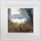 Original oil painting by Lake District artist Jeff Sudders. a corner of Derwentwater shoreline path to lake and fells