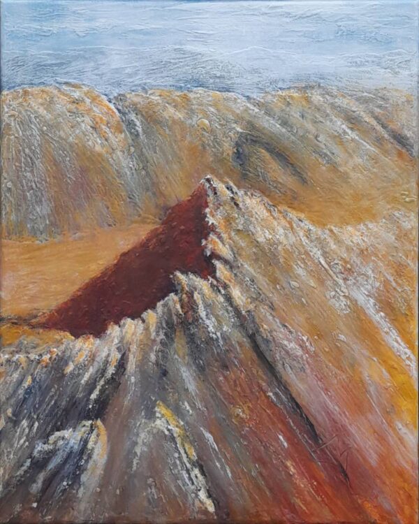 Lake District art original mixed media painting Down Sharp Edge by Tim Brown showing an elevated view of this dramatic mountain.