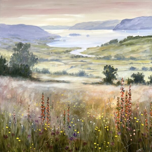 Foxgloves and Meadows by Windermere is an original oil painting by Lake District artist Jeff Sudders. Featuring a beauitful flower meadow in foreground with Lake Windermere in the distance