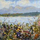 Lake District art original oil painting by Jeff Sudders featuring Foxgloves by Windermere.