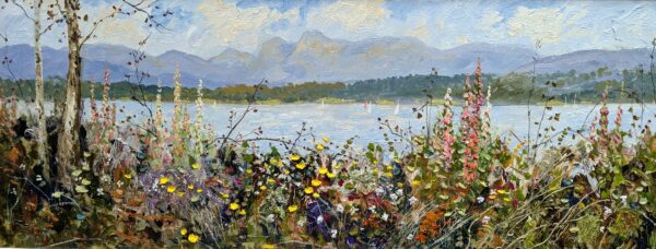 Lake District art original oil painting by Jeff Sudders featuring Foxgloves by Windermere.