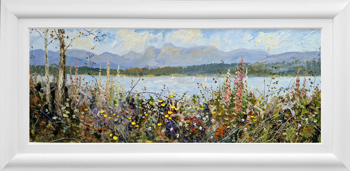 Lake District art original oil painting by Jeff Sudders featuring Foxgloves by Windermere.