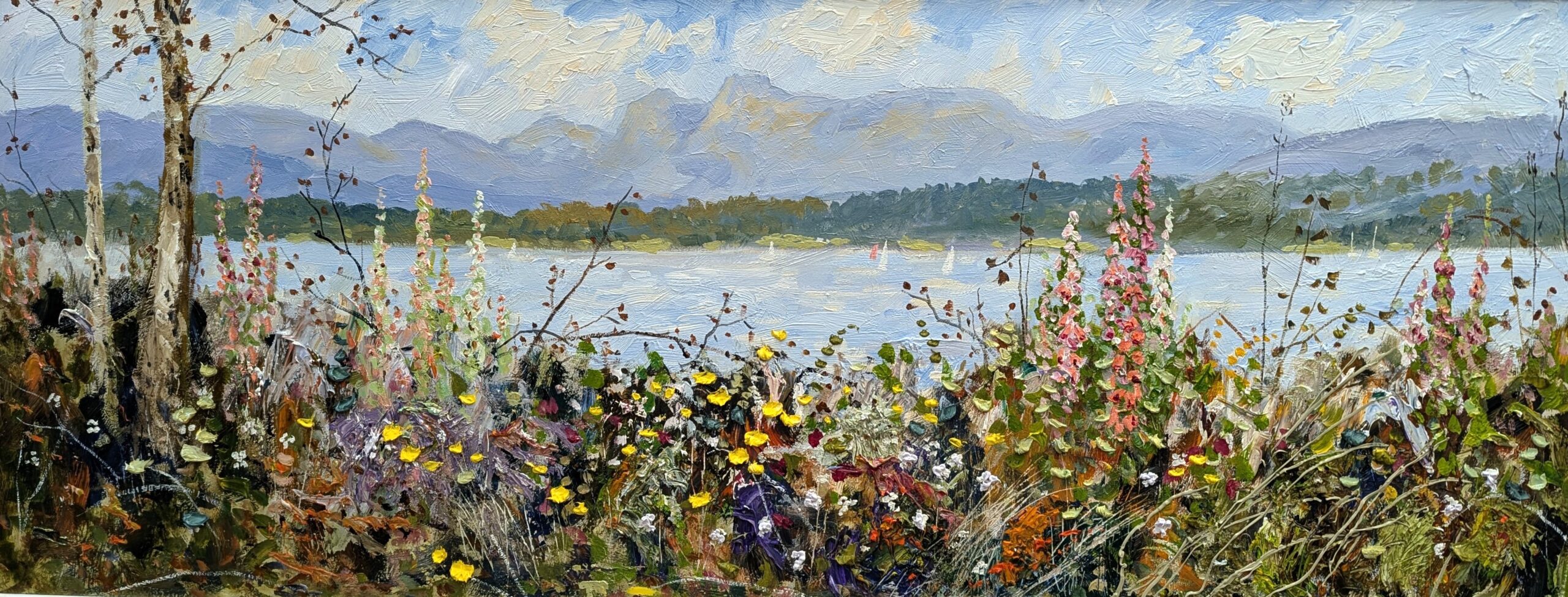 Foxgloves by Windermere by Jeff Sudders Lake District art original oil painting by Jeff Sudders featuring Foxgloves by Windermere.