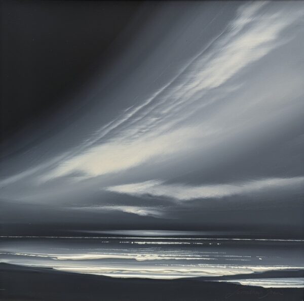 Lake District art original acrylic painting by Jonathan Shaw featuring sweeping clouds in a monochrome skyscape in dark graphite tones