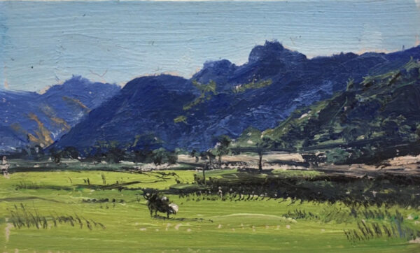 lake district art original oil painting by local artist simon whitfield great langdale II summer pikes
