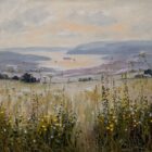 Wildflowers fill a meadow overlooking a calm lake and misty hills beneath a soft, cloudy sky