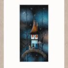 Love to the moon by Gary Walton. A limited edition print. A small cottage placed on a bridge with a fox sat alongside and a starry night background.