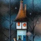Love to the moon by Gary Walton. A limited edition print. A small cottage placed on a bridge with a fox sat alongside and a starry night background.