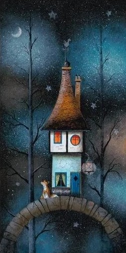 Love to the moon by Gary Walton. A limited edition print. A small cottage placed on a bridge with a fox sat alongside and a starry night background.