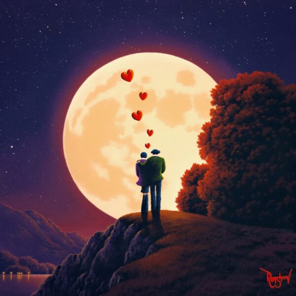 lake district art original oil painting captivated in the moonlight by david renshaw of a couple standing in front of a full moon with red hearts rising above then and a purple sky.