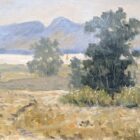 Landscape painting of Derwentwater with mountains, trees and a sunlit lakeshore.