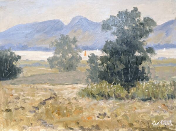 Landscape painting of Derwentwater with mountains, trees and a sunlit lakeshore.