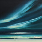 Lake District art original painting Northern Skies of sweeping skyscape in deep blue tones by Jonathan Shaw. Reminiscent of a winter shoreline and Arora borealis