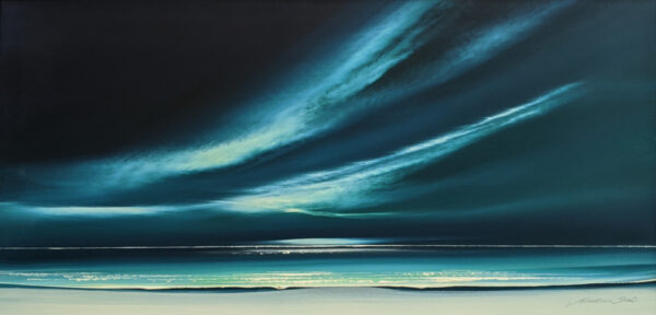 Lake District art original painting Northern Skies of sweeping skyscape in deep blue tones by Jonathan Shaw. Reminiscent of a winter shoreline and Arora borealis