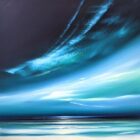 Lake District art original acrylic painting northern Skies by Jonathan Shaw of a dramatic skyscape in rich blue green light.