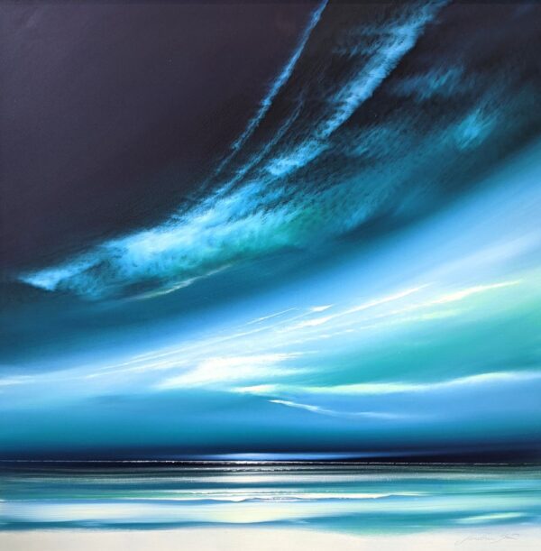 Lake District art original acrylic painting northern Skies by Jonathan Shaw of a dramatic skyscape in rich blue green light.