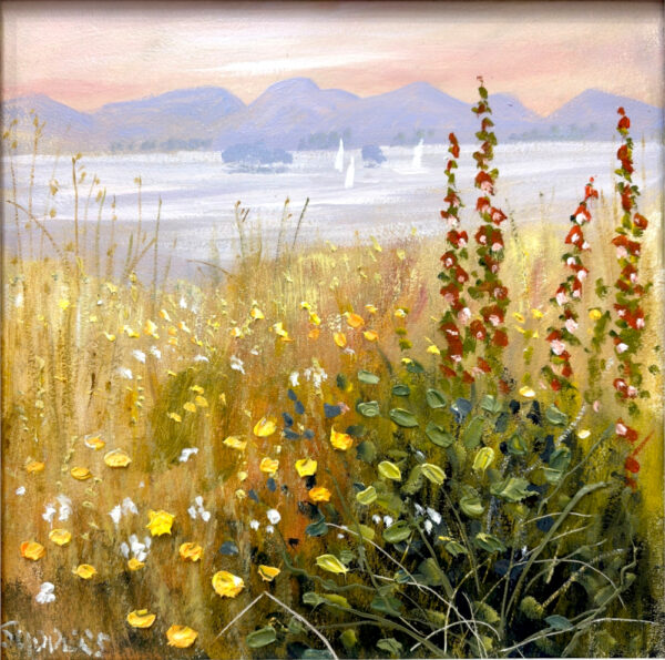 Lake District art original oil painting On the shore of Derwentwater at dusk by Jeff Sudders