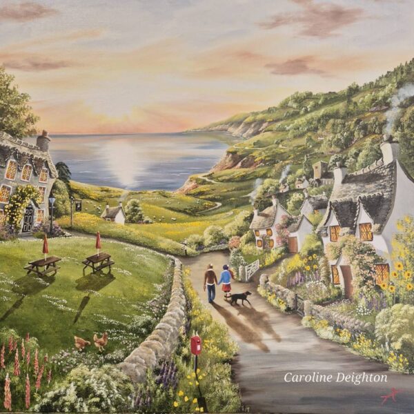 Lake District art original oil and acrylic painting Our Favourite Pit Stop by Caroline Deighton in her quirky illustrative style with a couple walking down a country lane past cottages and a pub.