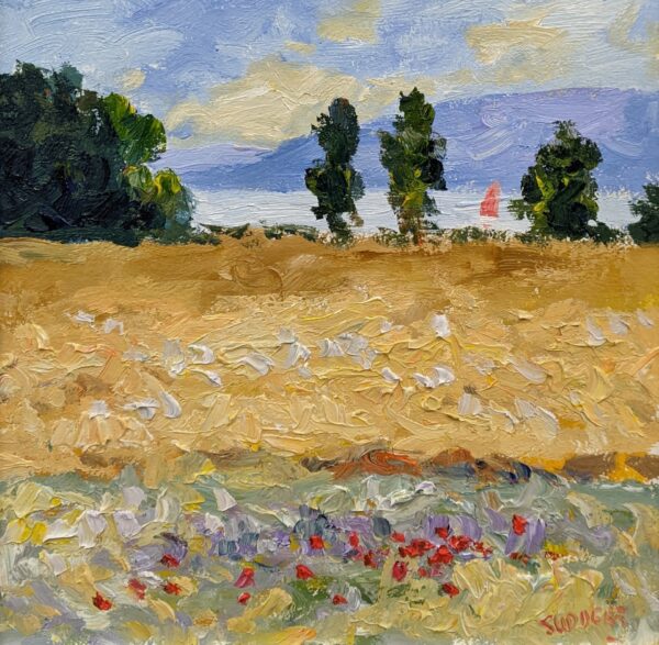 A sunlit field with wildflowers, trees, and a bright blue sky over a distant lake.