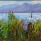 Lake District art original oil painting by Jeff Sudders red sail on Derwentwater