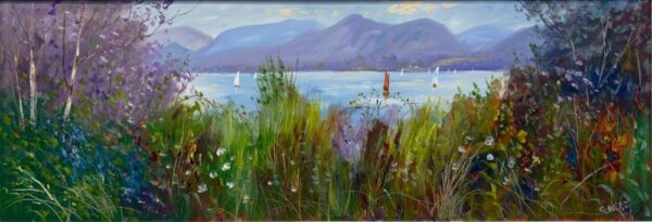 Lake District art original oil painting by Jeff Sudders red sail on Derwentwater