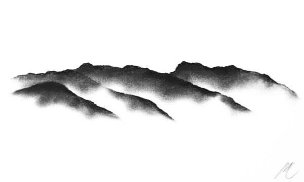 original charcoal art by lake district artist Daniel cooper featuring Solitude Form 31 Loughrigg fell from Rydal water mountain silhouette