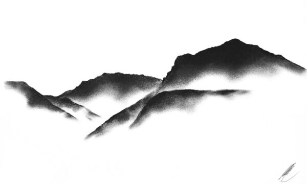original charcoal art by lake district artist Daniel cooper featuring Solitude Form 33 Scafell and Scafell Pike from Wastwater mountain silhouette