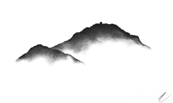 original charcoal art by lake district artist Daniel cooper Daniel Cooper Solitude Form 34 Helm Crag from Grasmere mountain silhouette