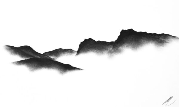 original charcoal art by lake district artist Daniel cooper featuring Solitude Form 37 The Langdales from Windermere mountain silhouette